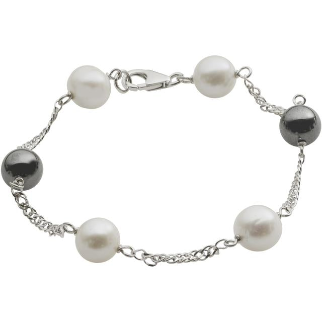 PEARLUSTRE 8.5-9.5MM FW CULTURED PEARL AND HEMATITE SILVER LINK BRACELET