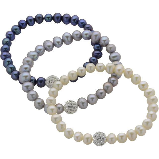 PEARLUSTRE 6-7MM FW CULTURED PEARL AND CRYSTAL SILVER 3-STRAND BRACELET