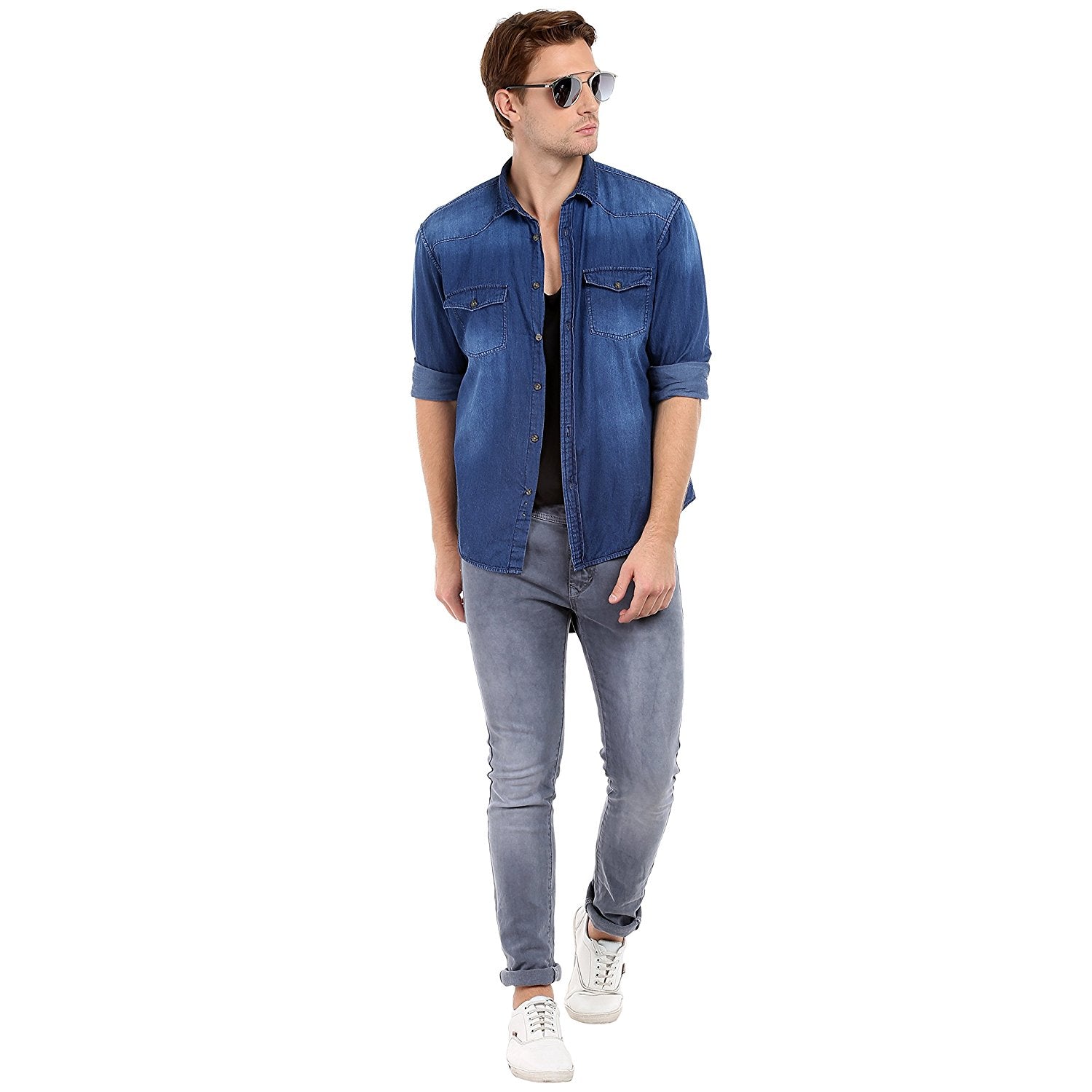 Dennis Lingo Men's Denim Light Blue Solid Casual Shirt