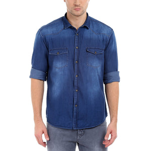 Dennis Lingo Men's Denim Light Blue Solid Casual Shirt