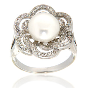 BLISS COLLECTION 1/3 CT FRESHWATER PEARL AND TOPAZ STERLING SILVER VINTAGE FLOWER RING