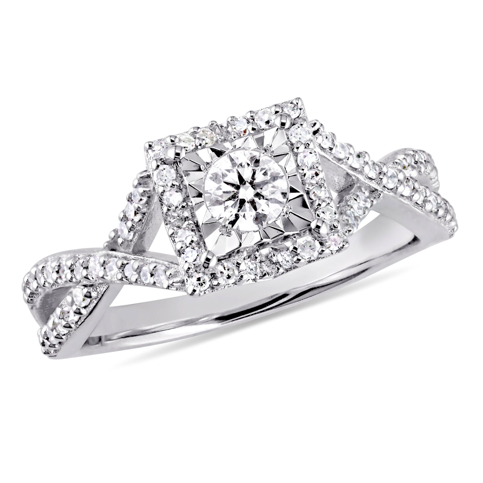 1/2 CT TW Diamond Halo Crossover Engagement Ring in Sterling Silver